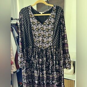 Style & Co Black Boho Long Sleeve Tiered Stretchy Paisley Mini Dress XXL